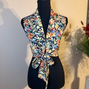 Floral Sleeveless Blouse - Navy and Orange